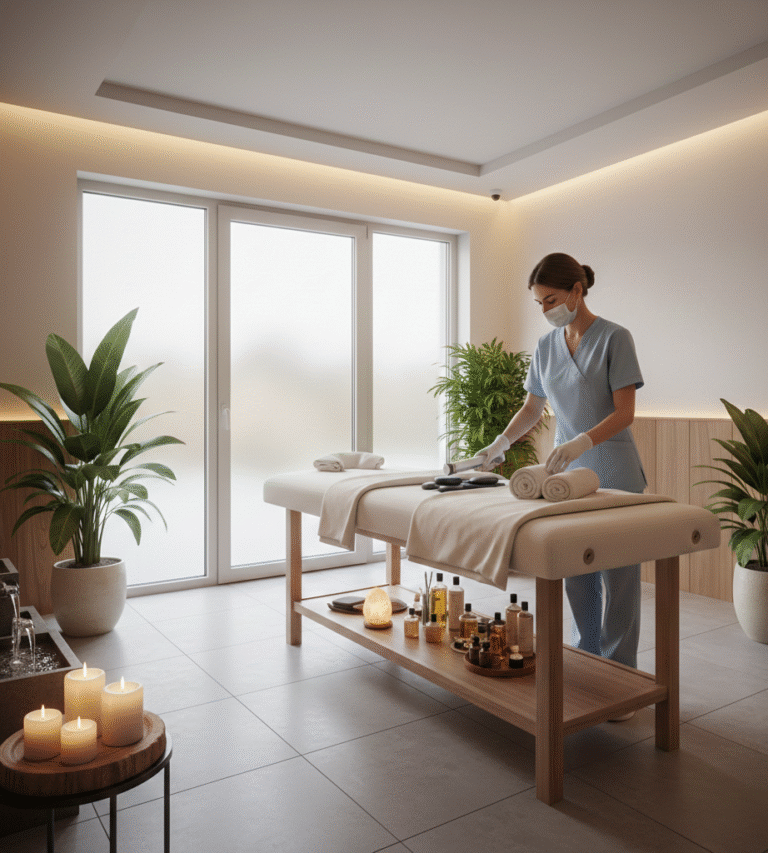 clean safe hygienic certified spa interior with therapist preparing table
